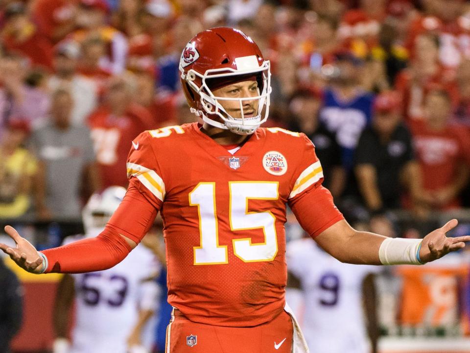 Patrick Mahomes reacts during a game against the Buffalo Bills.