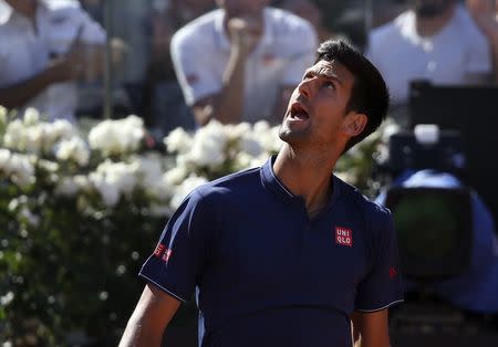 Tennis - WTA - Rome Open - Men's Singles Final - Novak Djokovic of Serbia v Alexander Zverev of Germany - Rome, Italy- 21/5/17- Djokovic reacts during the match. REUTERS/Alessandro Bianchi