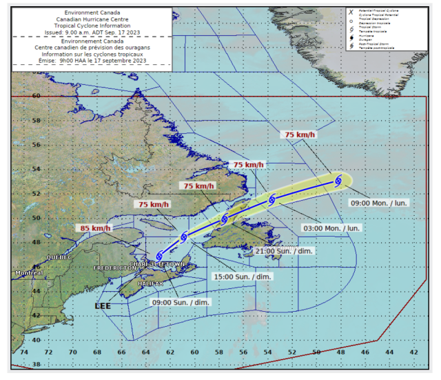 National Hurricane Center on X: 11 am AST: Hurricane #Lee is a large  hurricane and approaching New England and Atlantic Canada. Here are the Key  Messages. Visit  for details.   /