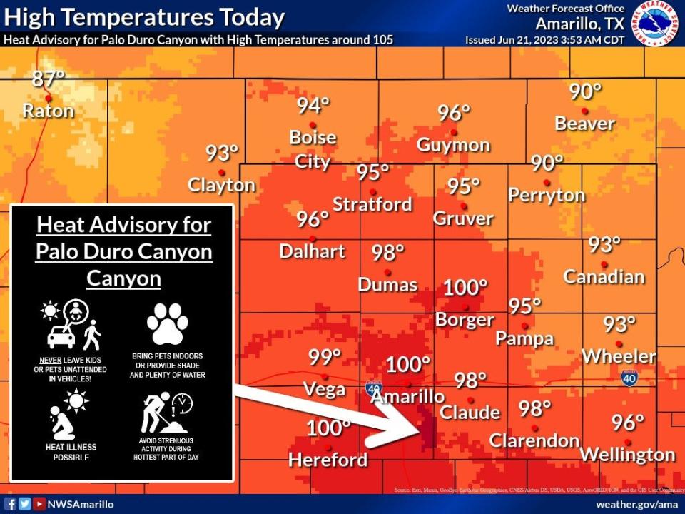 The NWS of Amarillo announces a Heat Advisory for Palo Duro Canyon State Park where temperatures may reach 105 degrees.