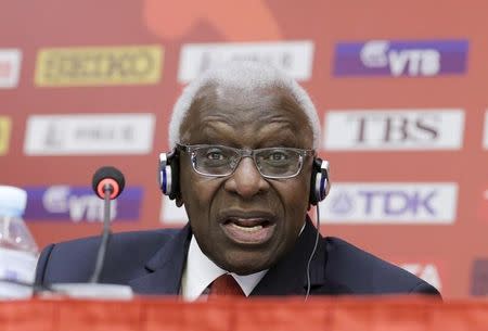 President of International Association of Athletics Federations (IAAF) Lamine Diack answers a question at a news conference in Beijing, China in this August 20, 2015 file picture. REUTERS/Jason Lee/files