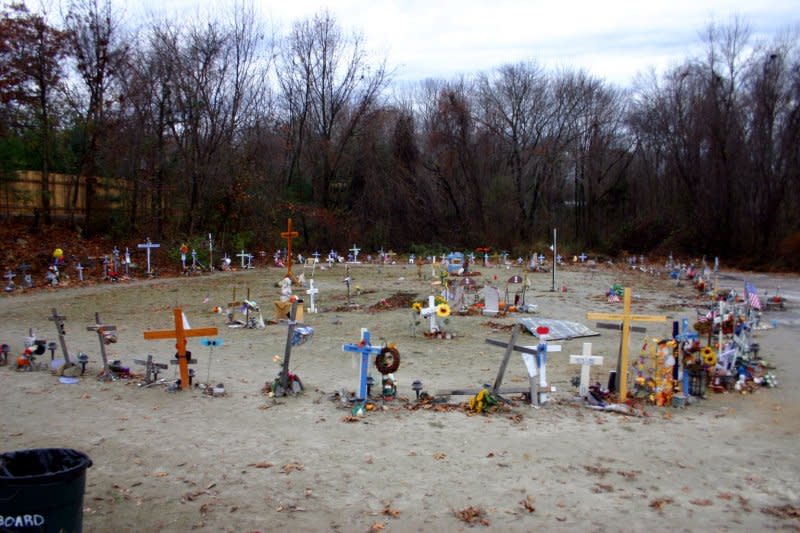 A memorial for the victims of the Station nightclub fire stands at the location of the concert venue. On February 20, 2003, a fire broke out during a rock concert at the West Warwick, R.I., nightclub, killing 100 people. File Photo by Joe Webster/Wikimedia