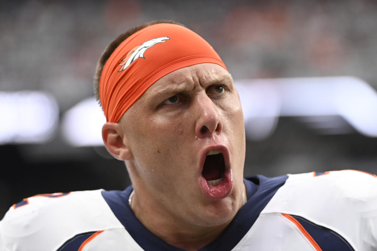 Garett Bolles brings big energy. (AP Photo/David Becker)