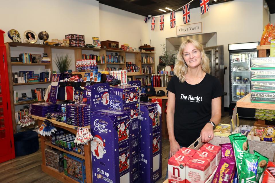 Leigh Hodgson, owner of The Hamlet British Shop, which sells imported British foods, beverages, books, vinyl and gift items, Oct. 12, 2023.