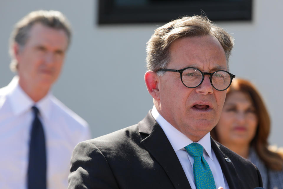 California State Senator Josh Newman, seen here speaking at a ceremony in Orange County on Oct. 27, 2022, in Fullerton, California, said his bill to ban the travel screening service at airports in the state is 