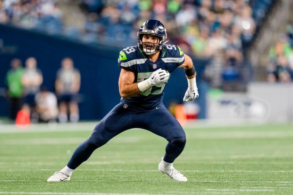 Seattle Seahawks linebacker Jon Rhattigan is pictured during an NFL preseason football game against the Los Angeles Chargers, Saturday, Aug. 28, 2021, in Seattle. The Seahawks won 27-0. (AP Photo/Stephen Brashear)