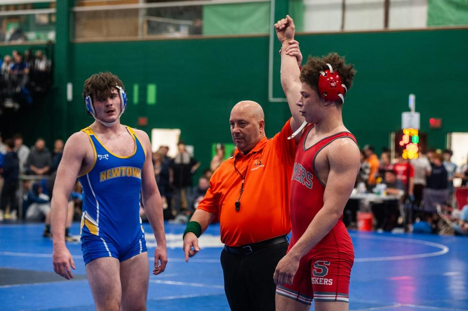 Somers-North Salem's Justin Daniyan, right, wins his match in the 190 pound weight class during Eastern States Classic wrestling at SUNY Sullivan in Loch Sheldrake, NY on Friday, January 12, 2024. KELLY MARSH/FOR THE JOURNAL NEWS