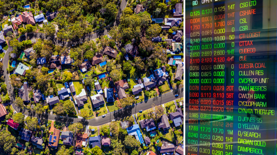 Aerial view of a suburb and the ASX board.