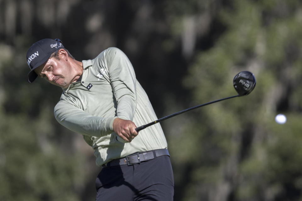 Andrew Putnam hits off the ninth tee during the second round of the RSM Classic golf tournament, Friday, Nov. 18, 2022, in St. Simons Island, Ga. (AP Photo/Stephen B. Morton)