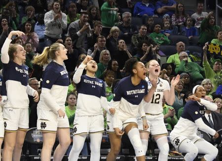 Apr 1, 2019; Chicago, IL, USA; The Notre Dame Fighting Irish bench celebrate a basket against the Stanford Cardinal during the second half in the championship game of the Chicago regional in the women's 2019 NCAA Tournament at Wintrust Arena. Mandatory Credit: David Banks-USA TODAY Sports