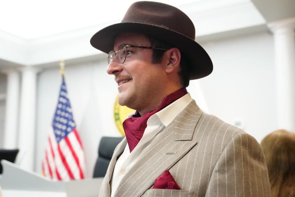 Matthew Correia is dressed as councilmen, Richard Shortway, for the reenactment of the first council meeting, Tuesday, March 5, 2024. Shortway was one of the original councilmen from Fair Lawn. The first council meeting in Fair Lawn originally took place on March 6, 1924.