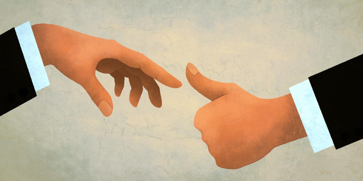 An illustration of two hands reaching towards each other in the style of the "Creation of Adam". Each hand shows a suit sleeve, and one shows the other a thumbs up.