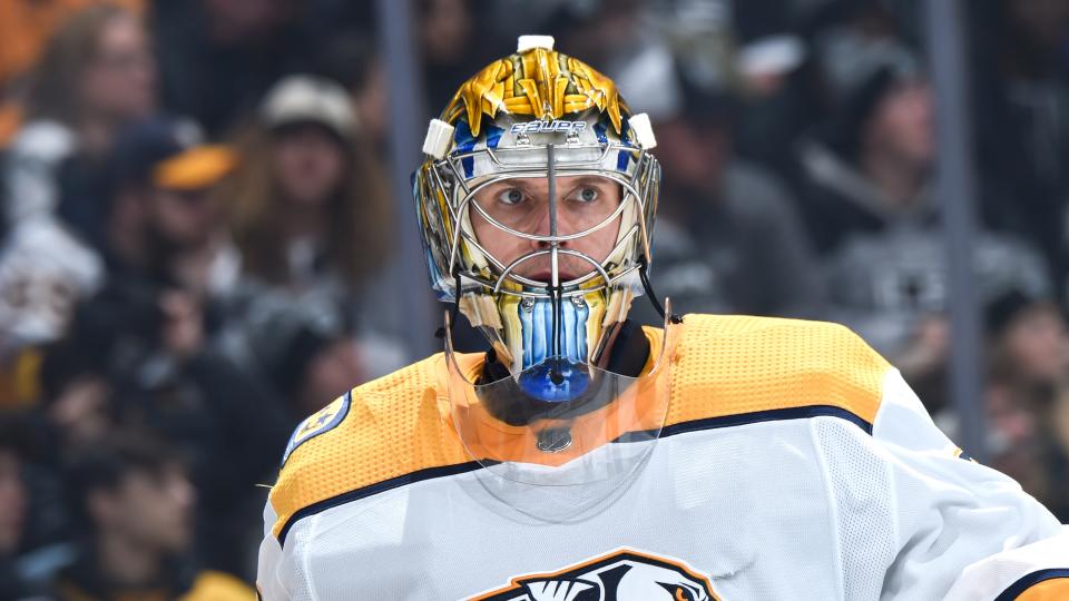 Rinne scores first goal by a goaltender since Mike Smith in 2013. (Photo by Adam Pantozzi/NHLI via Getty Images)