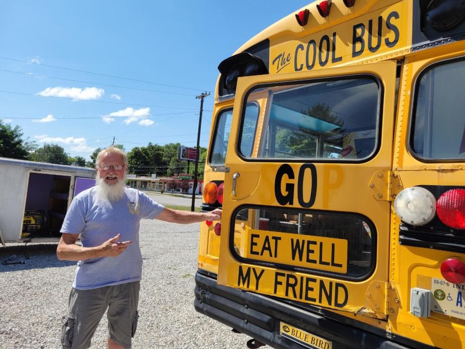 Jeff Piper, 66, shows off "The Cool Bus" that's parked at the corner of 59th Street and Michigan Road in Indianapolis. Piper, a disabled veteran, is working to launch the bus as a mobile grocery store that will serve customers receiving SNAP benefits in food deserts, and use proceeds to benefit fellow disabled veterans.