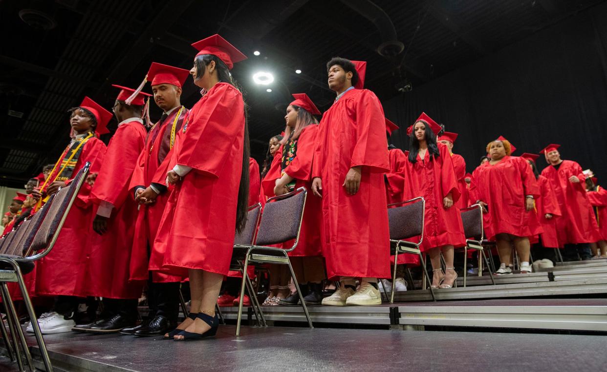 South High Community School graduates fill the stage Friday at the DCU Center for graduation exercises.