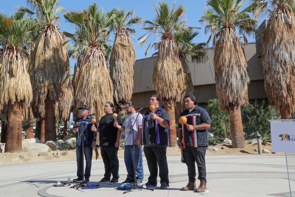 The Pai Nik Tem bird singers from the Agua Caliente Tribe of Cahuilla Indians perform before the "Visit Native California" statewide tourism initiative that was announced at the new Agua Caliente Cultural Plaza in downtown Palm Springs, Calif., Sept. 14, 2022. 