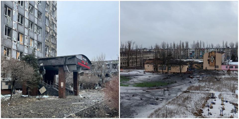 A collage. Left: A tower block in Avdiivka, Donetsk region, after shelling. Right, a building complex in Avdiivka after shelling. Rooves are caved in and windows blasted.