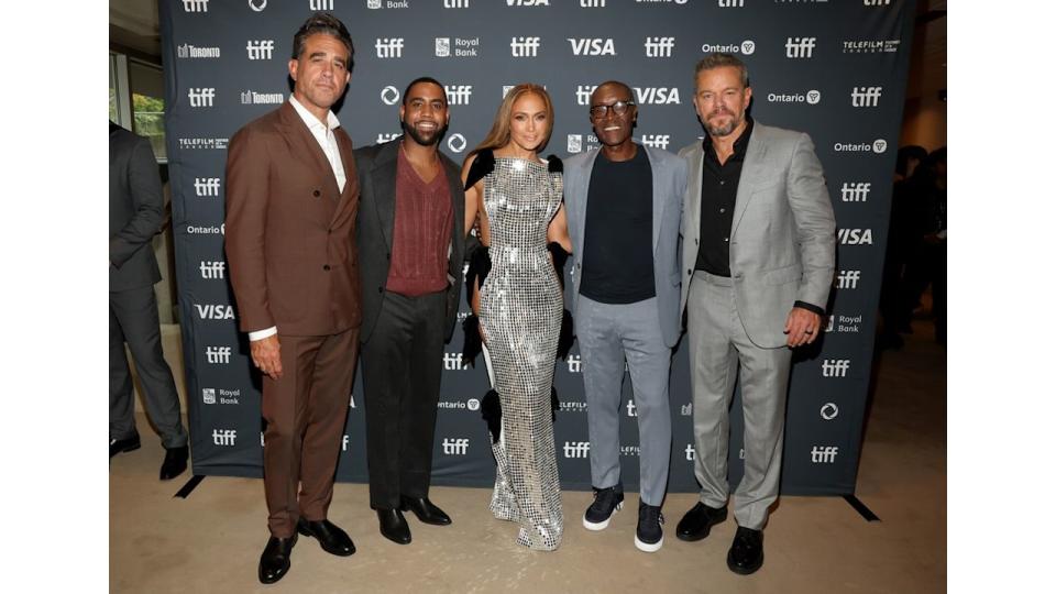 Bobby Cannavale, Jharrel Jerome, Jennifer Lopez, Don Cheadle, and Matt Damon attend the premiere of "Unstoppable" 