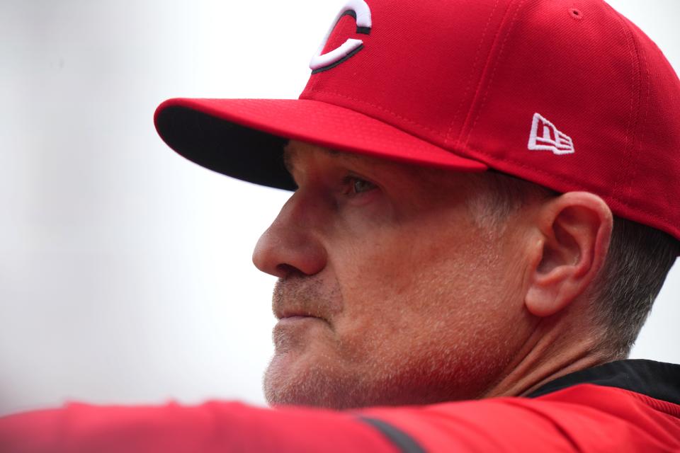 Cincinnati Reds manager David Bell (25) reacts after Washington Nationals right fielder Lane Thomas (28) stole second base in the fifth inning of a baseball game, March 31, 2024, at Great American Ball Park in Cincinnati.