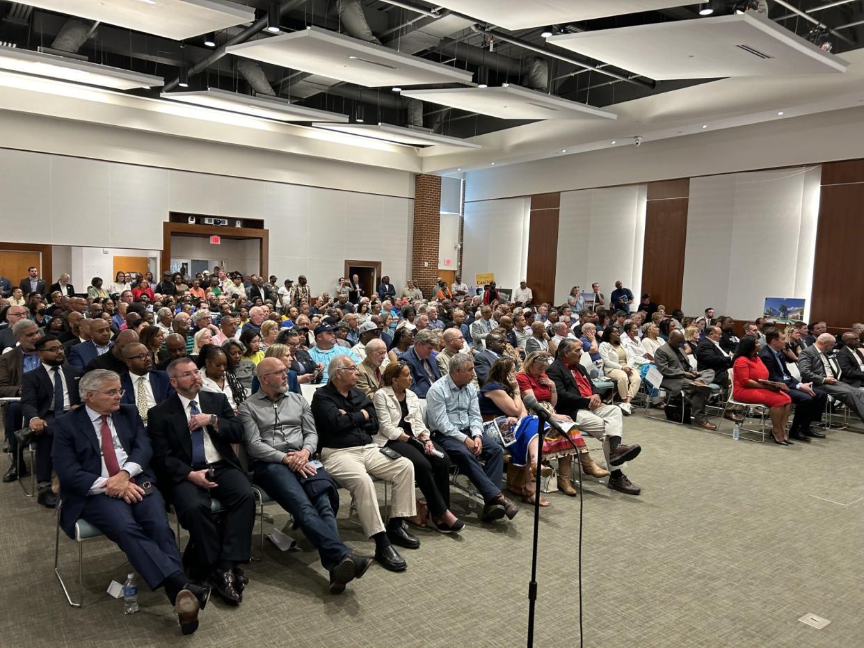 More than 200 people pack into the auditorium of the Petersburg Public Library Sunday< April 14, 2024, for a town hall meeting on the proposed casino for Petersburg.