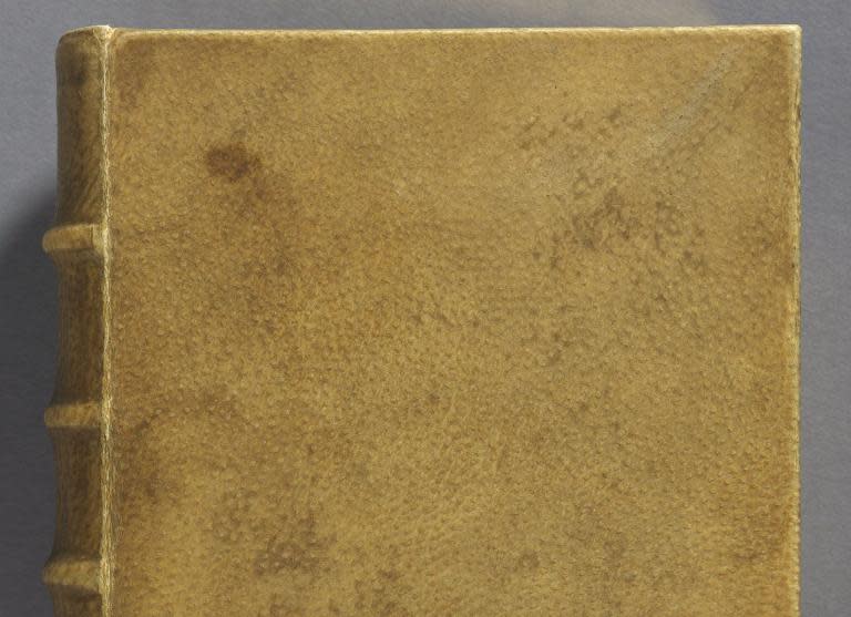 This undated image from the Houghton Library at Harvard University in Cambridge, Massachusetts, shows "Des destinées de l'âme" by French author Arsène Houssaye, which scientists concluded with 99.9% confidence is bound in human skin