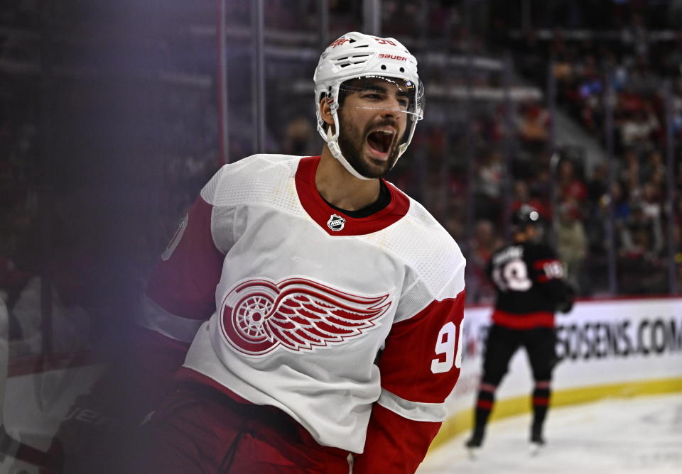 Detroit Red Wings center Joe Veleno (90) celebrates his goal against the Ottawa Senators during the second period of an NHL hockey game in Ottawa, Ontario, Saturday, Oct. 21, 2023. (Justin Tang/The Canadian Press via AP)