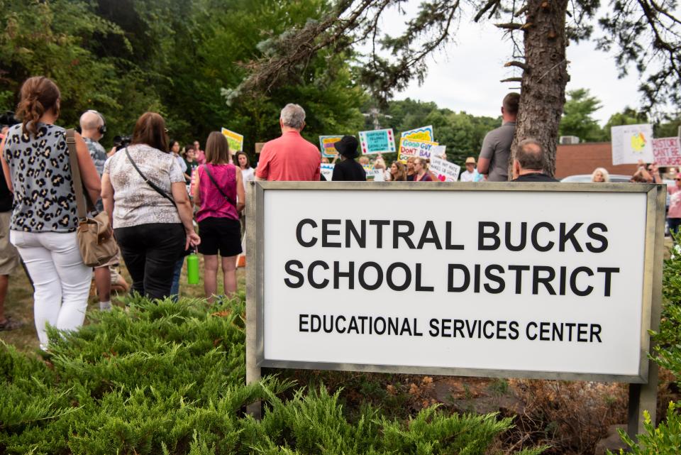 A crowd of protesters gathered outside the Central Bucks Educational Services Building before a library policy vote in July. The district policy committee will consider another controversial policy Wednesday night at 16 Welden Drive in Doylestown.