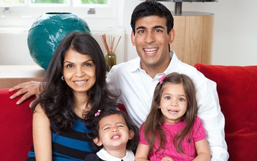 Mr Sunak with his wife Akshata Murthy and their daughters, Krishna and Anoushka - rishisunak.com