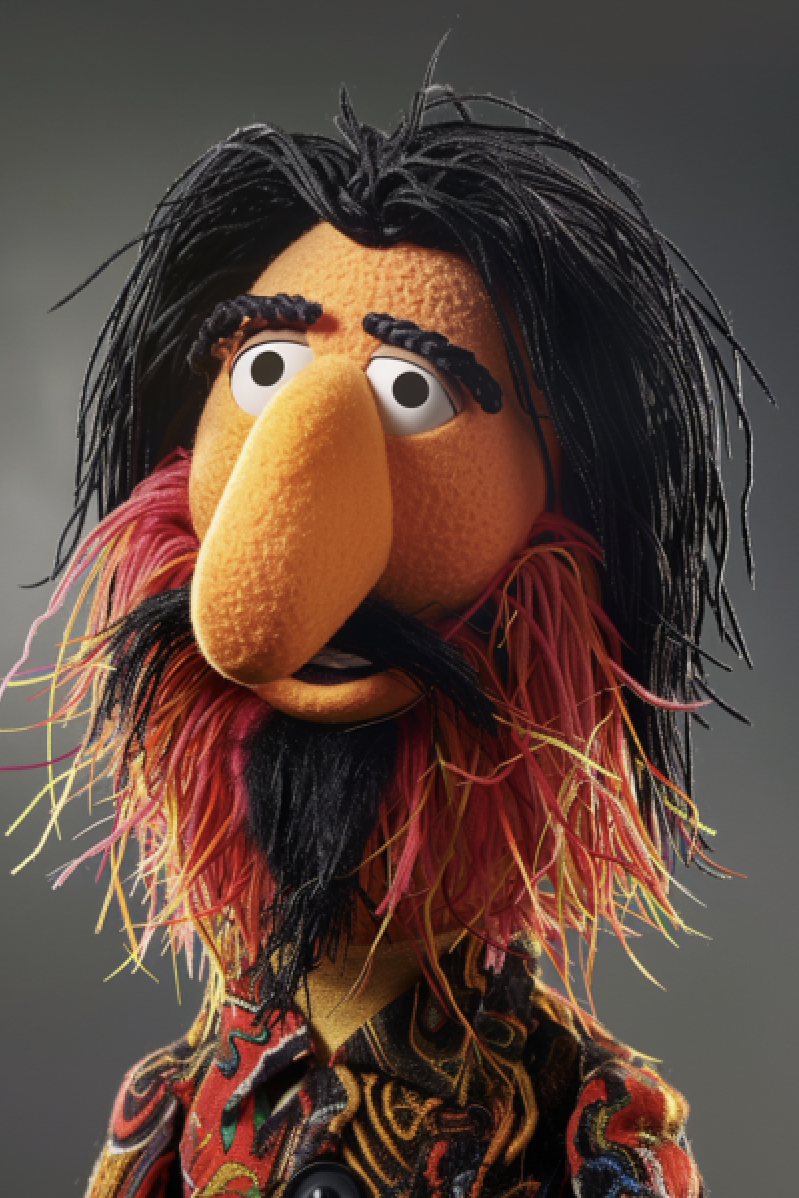 Muppet character with shaggy hair wearing a patterned shirt