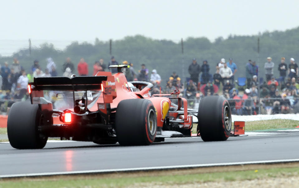 Ferrari driver Charles Leclerc of Monaco steers his car during the third free practice at the Silverstone racetrack, in Silverstone, England, Saturday, July 13, 2019. The British Formula One Grand Prix will be held on Sunday. (AP Photo/Luca Bruno)