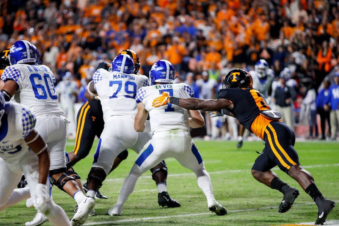 Kentucky quarterback Will Levis (7) takes one of four sacks the Wildcats surrendered in a 44-6 loss at No. 3 Tennessee. UK QBs have been sacked a whopping 40 times in the season’s first 11 games.