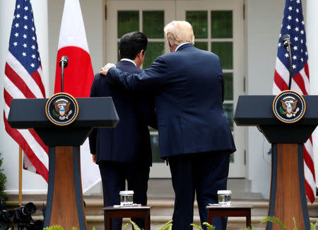 FILE PHOTO : U.S. President Donald Trump departs a joint news conference with Japan's Prime Minister Shinzo Abe in the Rose Garden of the White House in Washington, U.S., June 7, 2018. REUTERS/Kevin Lamarque/File Photo