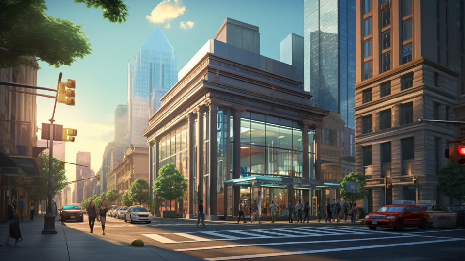 A bustling financial district street corner with a regional bank branch in the foreground.