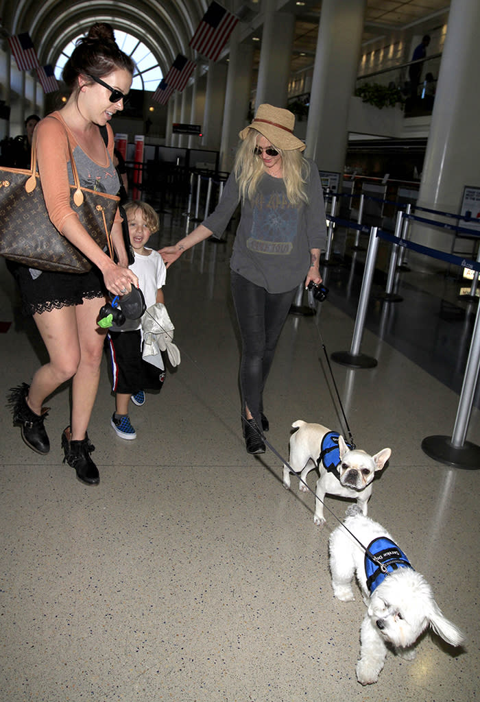 Ashlee Simpson seen with her son, Bronx and their two dogs (one is a service animal), Hemmingway and Rigby