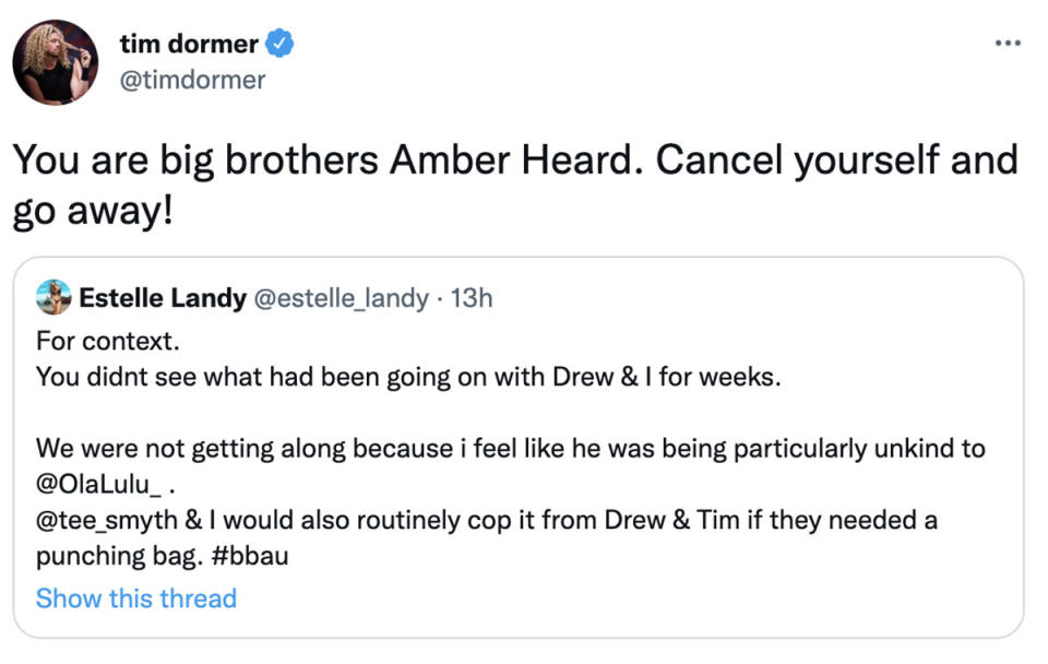 A screenshot of a tweet that reads: You are Big Brother's Amber Heard. Cancel yourself and go away!