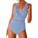 <p>The <span>Cupshe V-Neck Ruffled Criss Cross Back One Piece</span> ($29) was born for beach days. The nautical design features a plunging neckline with ruffle trim and crisscross back shoulder straps for support. As much as we love this blue striped design, we also are head over heels for it in red.</p>