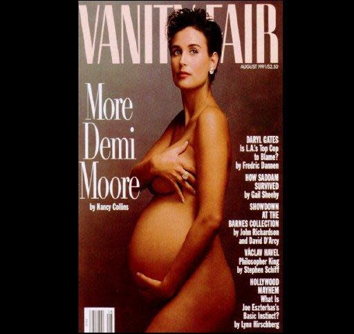 Demi Moore, pregnant and naked, cover of Vanity Fair for August 1991, photo by Annie Leibowitz
