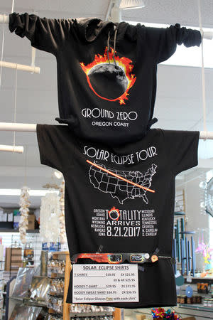 In preparation for the Solar Eclipse, t-shirts commemorating the day are shown in Depoe Bay, Oregon, U.S. August 9, 2017. REUTERS/Jane Ross/Files