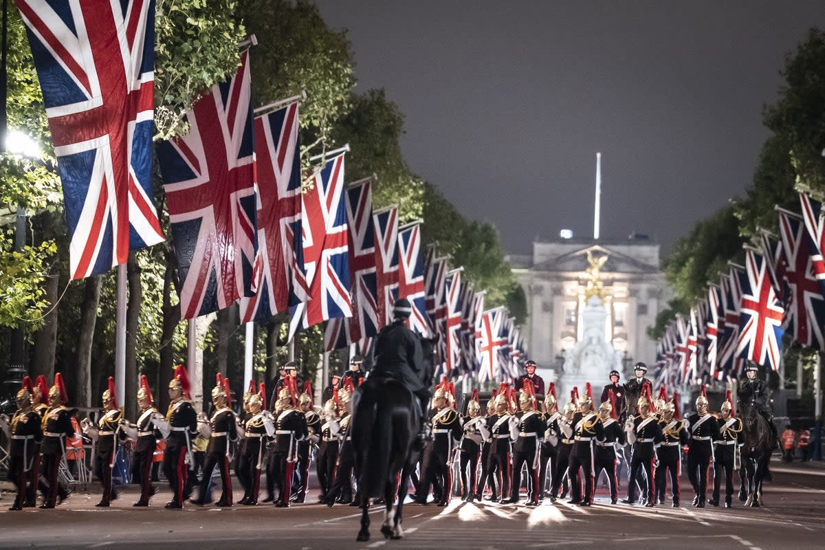 An early morning rehearsal for the procession of Queen Elizabeth’s coffin from Buckingham Palace to Westminster Hall, London, where it will lie in state until her funeral on Monday (Danny Lawson/PA) (PA Wire)