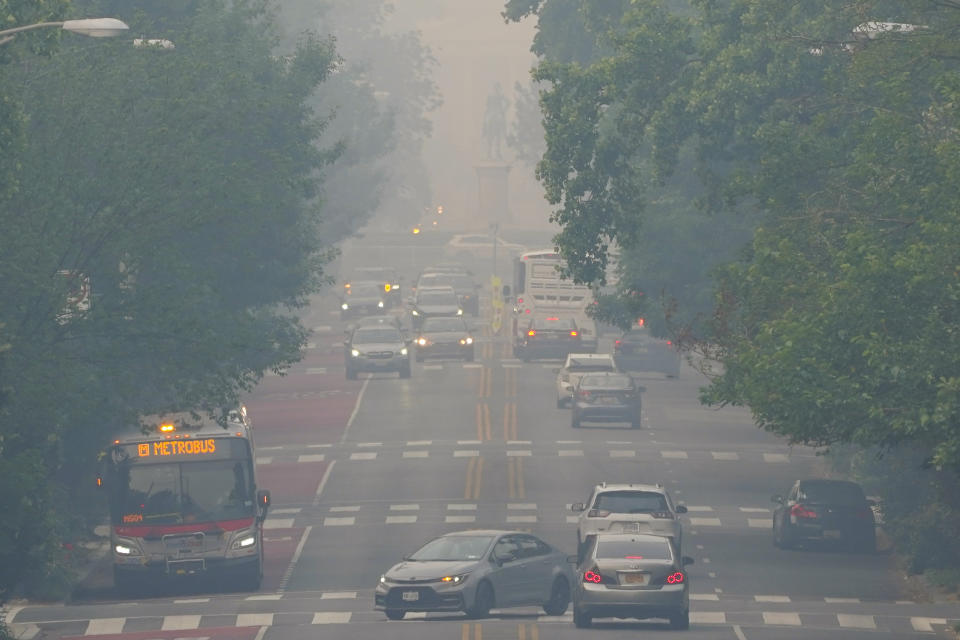 The White House is hidden behind a layer of hazy smoke, Thursday, June 8, 2023, in Washington. Smoke from Canadian wildfires is pouring into the U.S. East Coast and Midwest and covering the capitals of both nations in an unhealthy haze. (AP Photo/Pablo Martinez Monsivais)