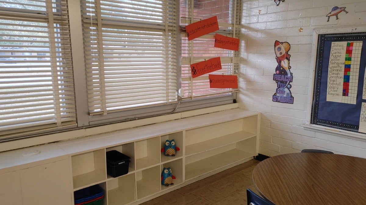 An image shared by Andrea Phillips of her classroom emptied of books following advice from her school district to remove all non-vetted books.  (Andrea Phillips / The Independent )