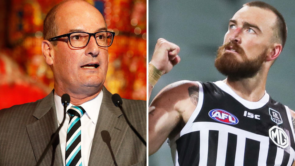 Port Adelaide chairman David Koch has labelled the AFL 'totally disrespectful' over the ongoing doubt surrounding the use of the club's heritage 'prison bar' design. Pictures: Getty Images