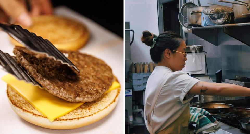 A photo of a McDonald's bun with cheese and a meat patty. A photo of Chef Kimberly Tang, cooking in a kitchen.