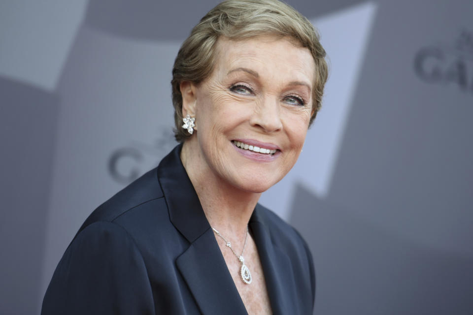 FILE - In this Sept. 29, 2015 file photo, actress Julie Andrews arrives at the Los Angeles Philharmonic 2015/2016 season opening gala at Walt Disney Concert Hall in Los Angeles. Andrews released a memoir, “Home Work: A Memoir of My Hollywood Years,” which hits shelves on Oct. 15, 2019. (Photo by Richard Shotwell/Invision/AP, File)