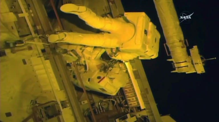 This NASA TV video grab shows astronauts Jack Fischer(top) and Peggy Whitson(below) as they make repairs outside the International Space Station