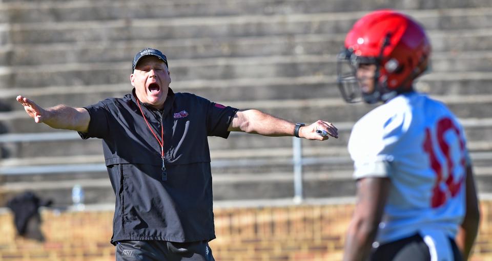 Jacksonville State head coach Rich Rodriguez directs players during spring football practice at Burgess-Snow Field Jacksonville State Stadium in Jacksonville, Alabama April 1, 2022. (Dave Hyatt: The Gadsden Times)