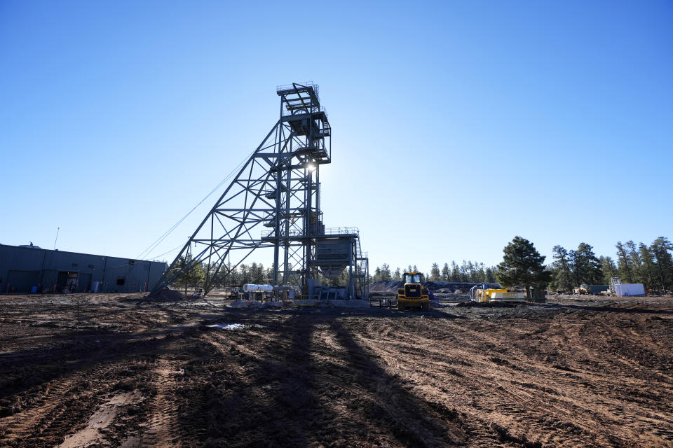 The shaft tower at the Energy Fuels Inc. uranium Pinyon Plain Mine is shown Wednesday, Jan. 31, 2024, near Tusayan, Ariz. The largest uranium producer in the United States is ramping up work just south of Grand Canyon National Park on a long-contested project that largely has sat dormant since the 1980s. (AP Photo/Ross D. Franklin)