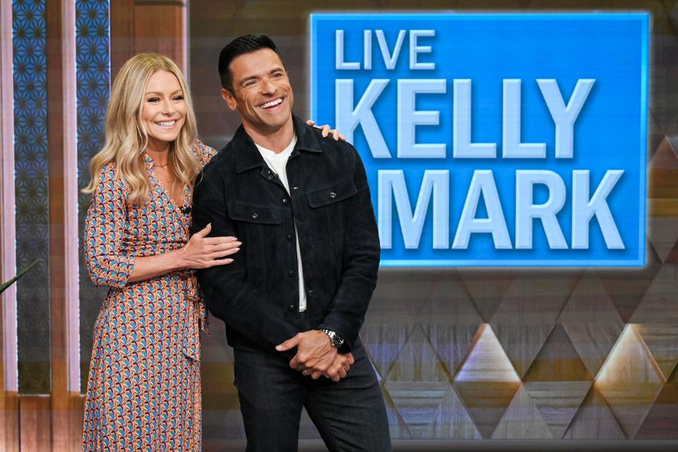 LIVE! WITH KELLY AND MARK - 04/17/23 - “Live! With Kelly and Mark,” airs weekdays in syndication on ABC. (ABC/Lorenzo Bevilaqua) KELLY RIPA, MARK CONSEULOS