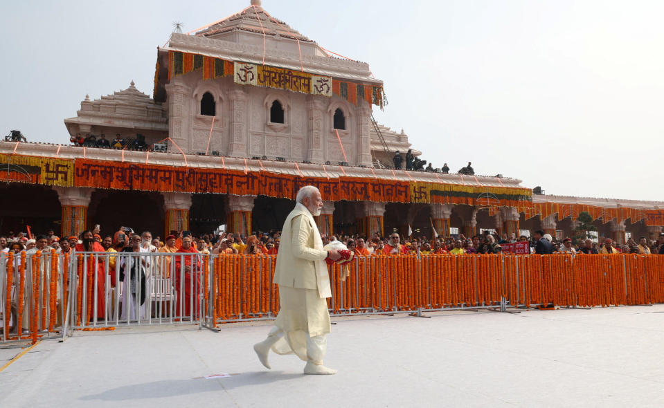 India's Prime Minister Narendra Modi arrives to attend the opening of a grand temple to the Hindu god Lord Ram in Ayodhya, Uttar Pradesh, India, Jan. 22, 2024. / Credit: India's Press Information Bureau/Handout via REUTERS