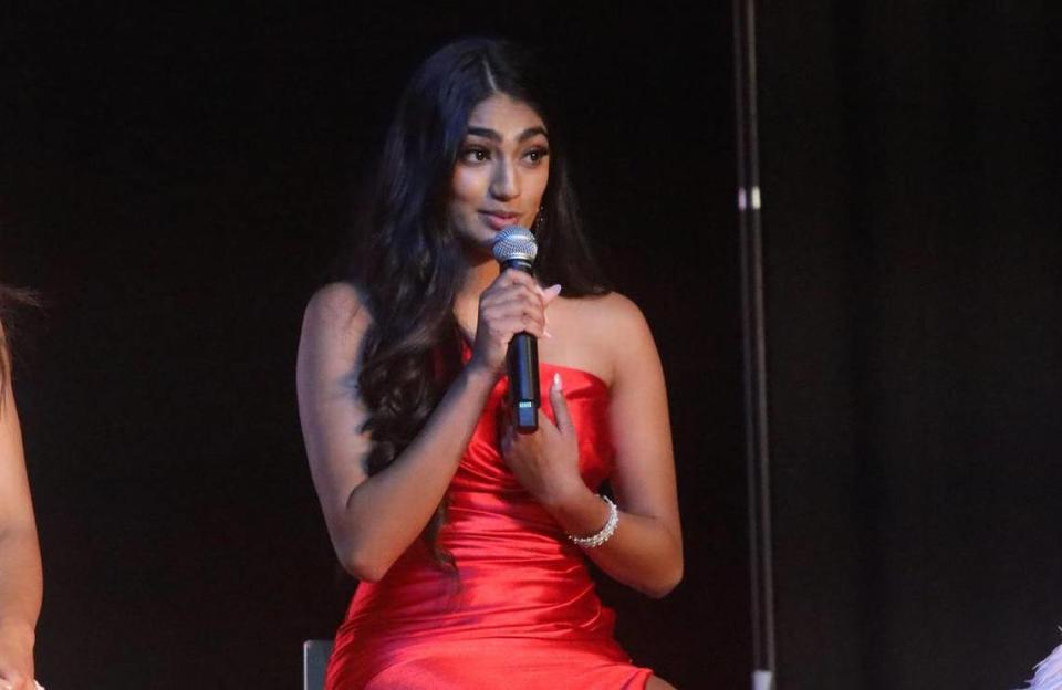 Top Five finalist Mahika Valluri (Miss Northern California) answers a question during the 99th edition of the Miss California Pageant at the Visalia Convention Center on July 1, 2023.